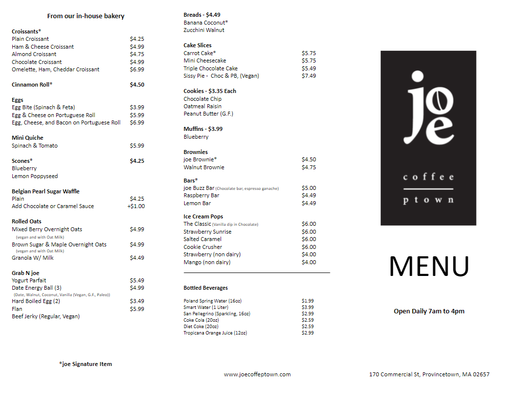 joe coffee Provincetown Menu